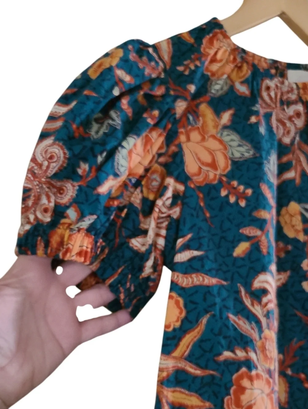 Ulla Johnson Frances Top Floral Puff-Sleeve 100% Cotton Blouse Deep Teal Orange